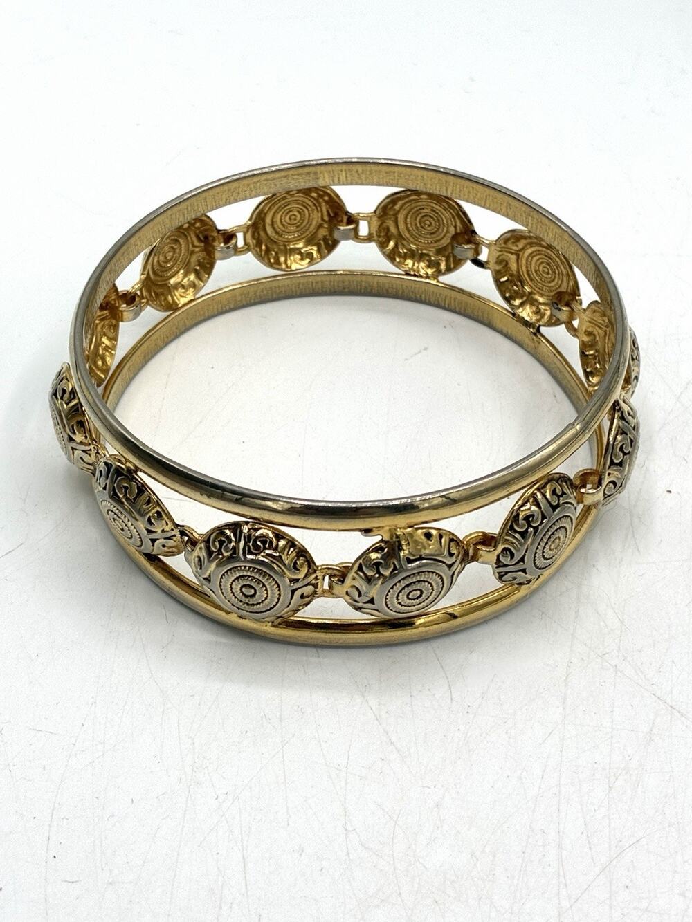 Vintage Two Tone Gold Silver Medallion Bangle Bracelet Scrollwork Ornate
